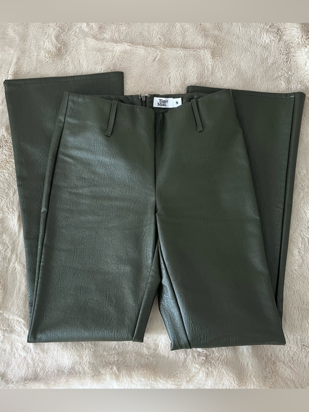 Tiger Mist Olive Green Faux Leather Flare Pants